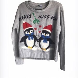 H&M Pullover Knit Christmas Penguin Merry Kiss-Mas Sweater Size M